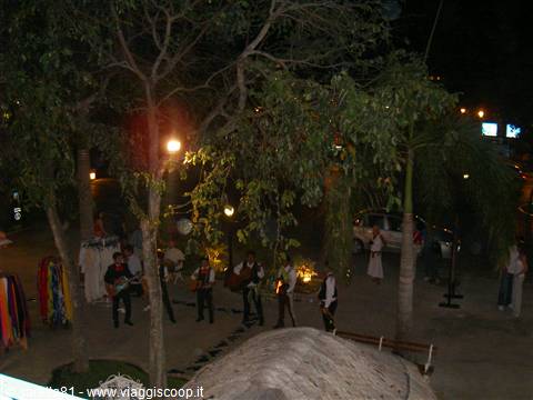 Musicians with guitars play at night among trees and street lamps