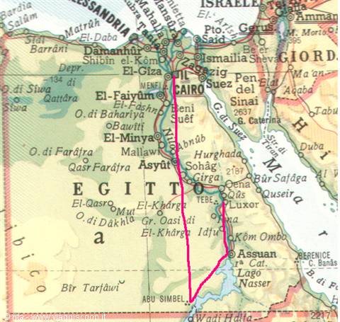 Old Egypt map with pink route from Cairo to Abu Simbel via Luxor