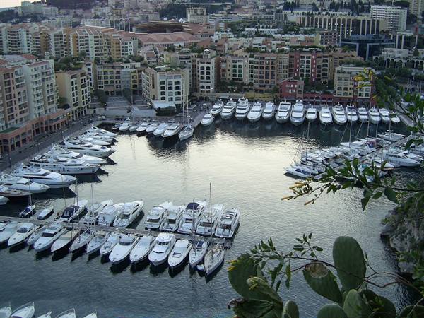 Dozens of yachts moored at Fontvieille harbor, Monaco, among pastel buildings