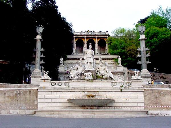 Fountain of the Goddess Rome at Piazza del Popolo, marble statues flanked by columns