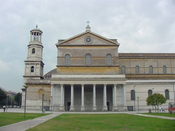 Columned facade and bell tower of St. Paul Outside the Walls, Rome