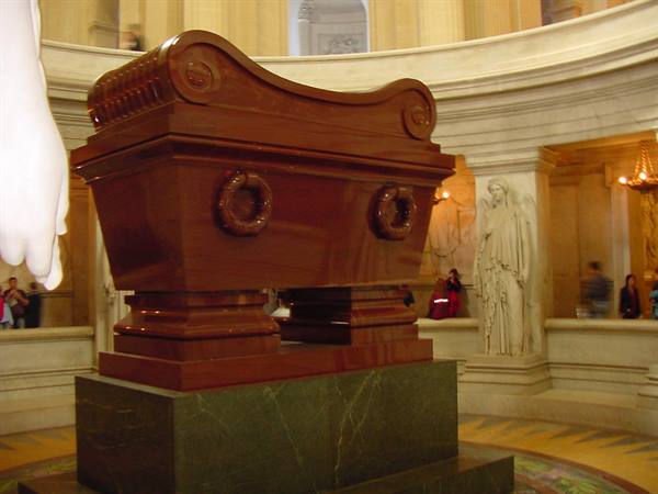 Napoleon's red sarcophagus inside the Invalides rotunda in Paris