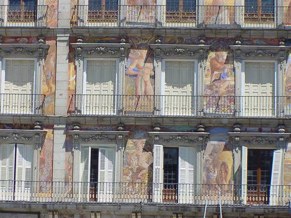 Frescoed facade with iron balconies, Plaza Mayor in Madrid