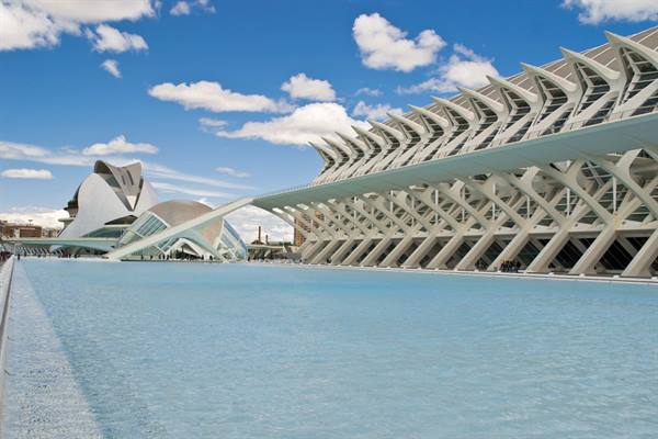 Valencia's City of Arts and Sciences with the blue pool and white futuristic structures