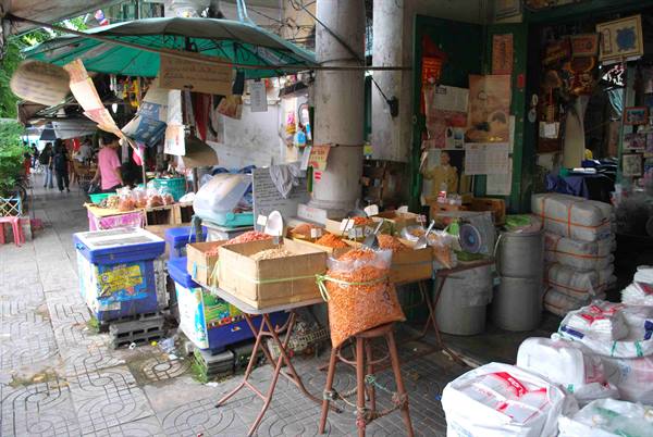 Sacks of lentils and spices for sale at Bangkok covered market
