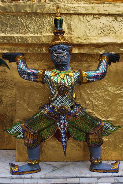 Yaksha demon statue in mirrored enamel and gold, Grand Palace, Bangkok