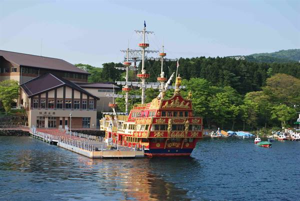 Pirate-style sightseeing ship docked at Lake Ashi pier, Hakone
