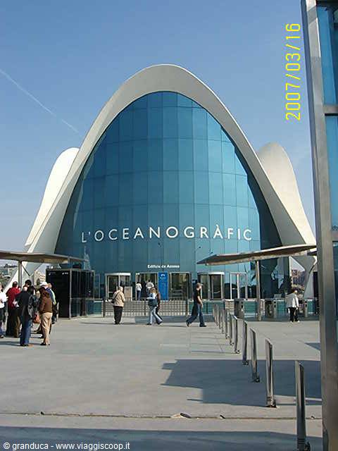 L'Oceanogràfic in Valencia: curved blue glass facade, visitors walk in the sunlight