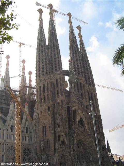 The stone spires of the Sagrada Família in Barcelona among cranes and palm leaves