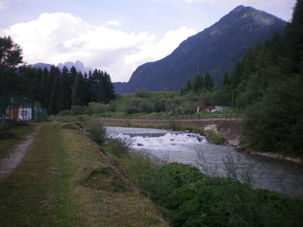 River with small waterfall among forested mountains and firs, grassy path, cloudy sky