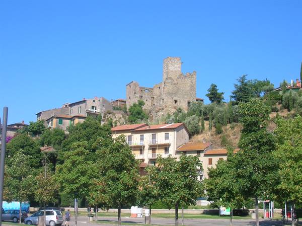 Old stone castle ruins above hillside houses under a blue sky