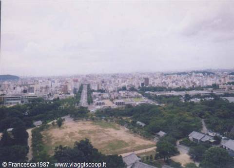 Dense city buildings under grey sky, seen from above among trees