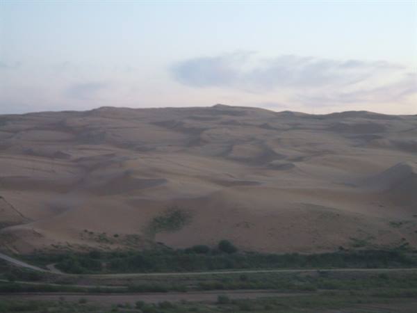 Sand dunes under cloudy sky, with green vegetation strips at the base