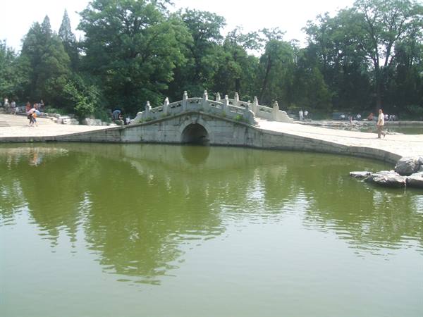 Stone arch bridge over green pond, visitors strolling among tall trees
