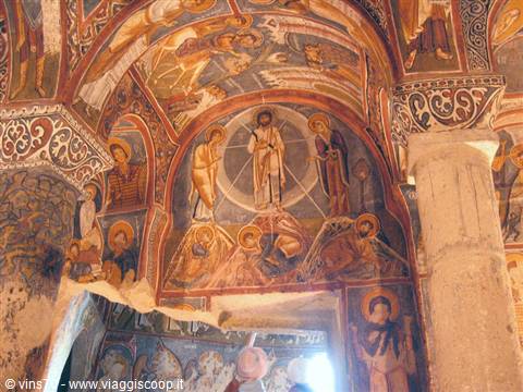 Byzantine frescoes on vault and walls inside Göreme rock church