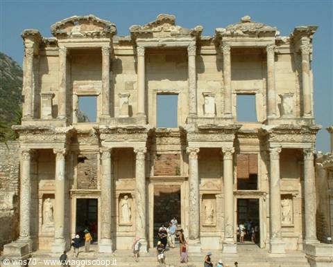 Tourists in front of the marble facade of the Library of Celsus, Ephesus
