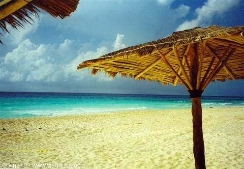 Thatched umbrella on white sand in front of turquoise sea