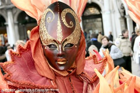 Red and gold mask with silk ruffles, Venice Carnival
