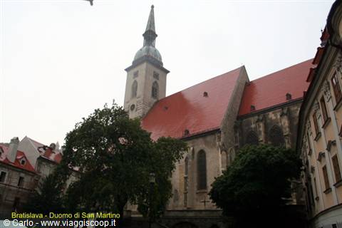 St Martin's Cathedral in Bratislava, red roof and tower under grey sky