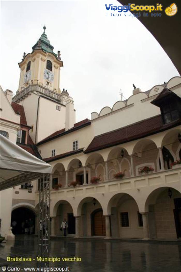 Arcaded courtyard of Bratislava Old Town Hall with clock tower above