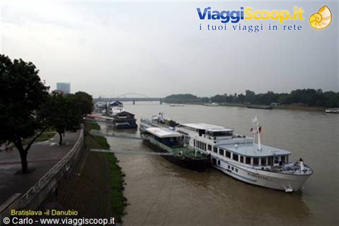 Cruise ships moored on the Danube in Bratislava, grey sky