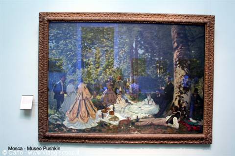 19th-century painting in carved frame at the Pushkin Museum, figures picnicking under trees