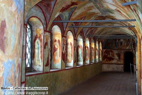 Frescoed corridor of Rostov Kremlin, painted vaults and arched windows