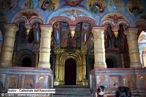 Inside the Assumption Cathedral in Rostov, frescoes and gilded iconostasis