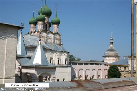 White churches with green onion domes at Rostov Kremlin