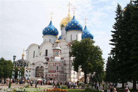 Assumption Cathedral in Sergiev Posad, blue and golden domes among visitors