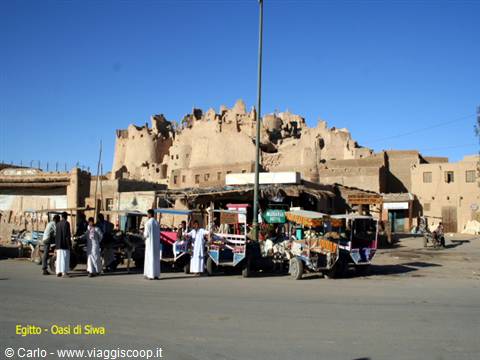 Horse-drawn carts in front of the old mud-brick town, Siwa