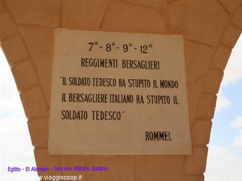 Marble plaque honoring Bersaglieri regiments with Rommel quote, El Alamein