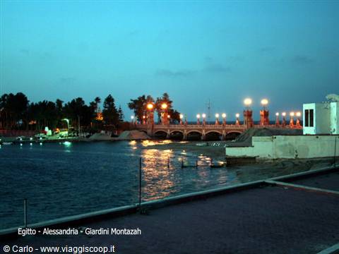 Illuminated bridge at Montazah Gardens, Alexandria, golden lights reflecting on the water at dusk