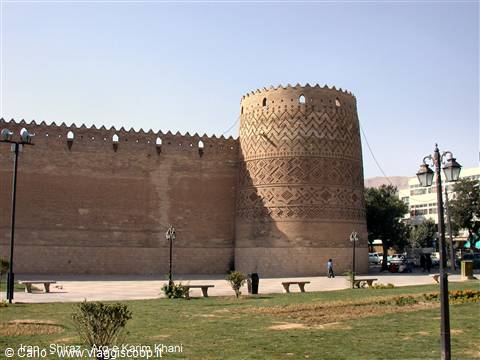 Karim Khan Citadel in Shiraz, brick tower with geometric patterns, sunny daylight