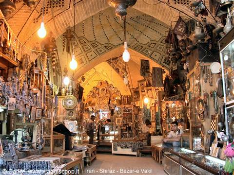 Bazar-e Vakil in Shiraz: copper shops and lamps under brick vaults
