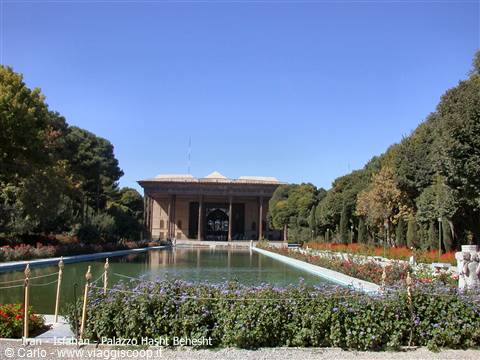 Hasht Behesht Palace in Isfahan, Safavid pavilion reflected in pond among gardens