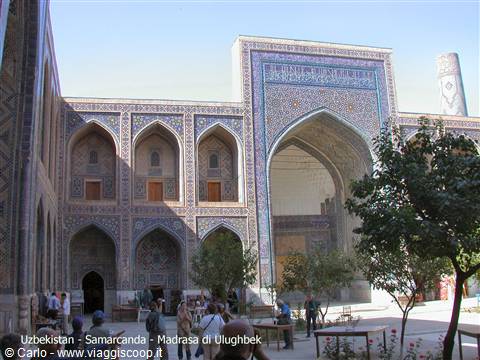 Courtyard of the Ulugh Beg Madrasa in Samarkand, blue tiles and visitors
