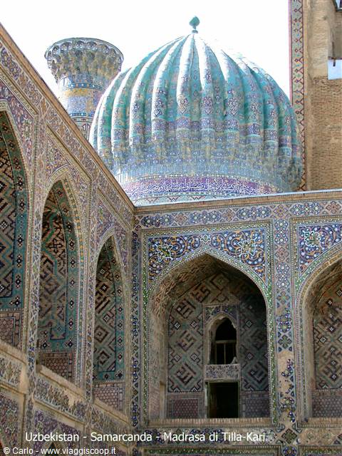 Tilla-Kari madrasa in Samarkand, turquoise ribbed dome and glazed tiles