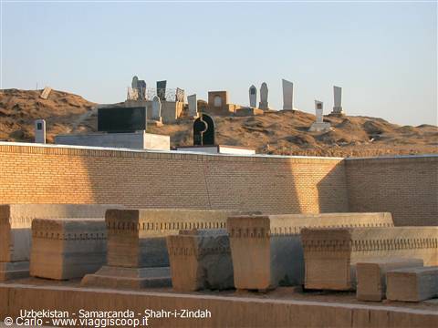 Stone tombs at Shah-i-Zinda cemetery in Samarkand, golden light