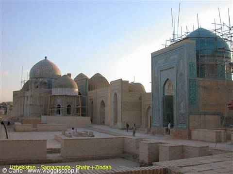 Shah-i-Zinda necropolis in Samarkand, brick mausoleums with turquoise tiles