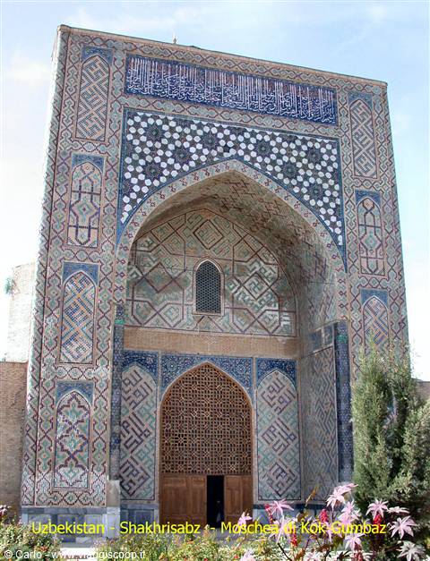 Kok Gumbaz Mosque in Shakhrisabz, tiled portal with blue majolica and wooden door