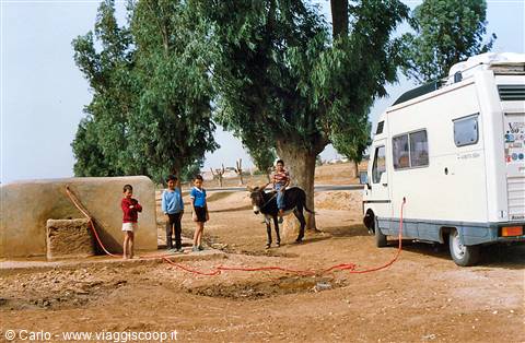 Children and a boy on a donkey next to the camper under the trees