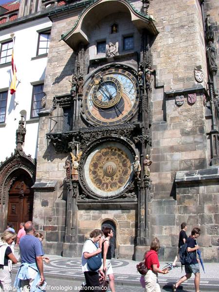 Tourists walk past the Prague astronomical clock on the old stone facade