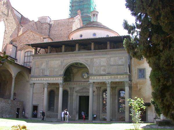 Pazzi Chapel at Santa Croce: classical portico and dome, visitors on the lawn