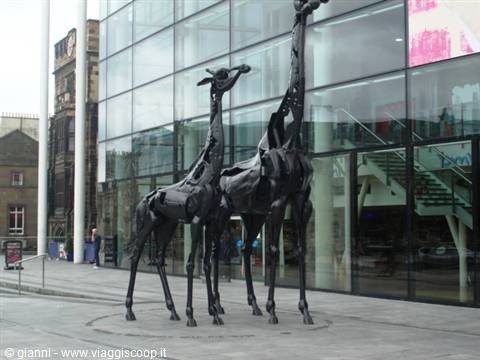 Metal giraffe sculptures in front of a modern glass building facade