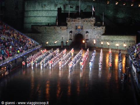 Night tattoo at Edinburgh Castle: marching band performing under floodlights
