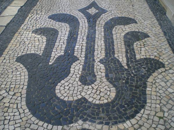 Black and white stone mosaic shaped like a lily on a pavement