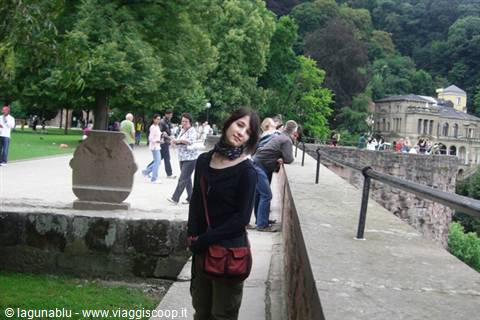 Tourist with red bag on stone parapet in Heidelberg, gardens and buildings on the hill