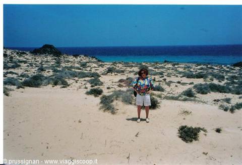 Woman in floral shirt on sand among bushes, turquoise sea behind