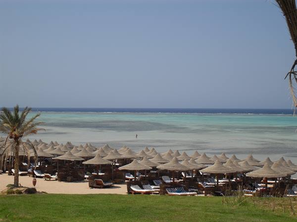 Straw parasols and empty loungers on the beach facing the turquoise sea